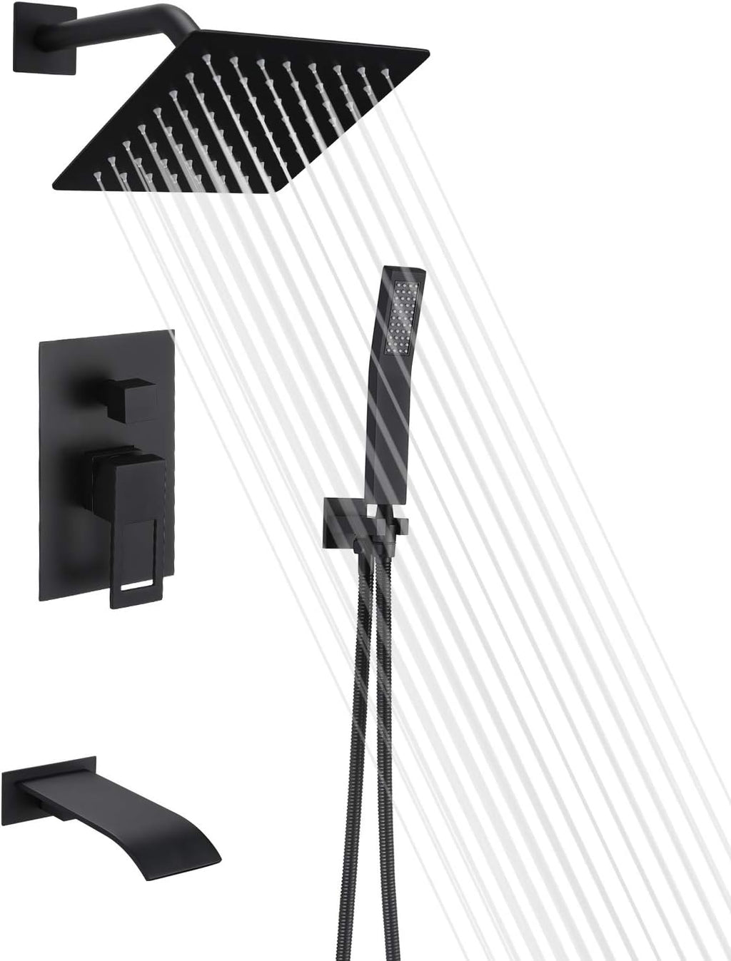 Matte Black Shower Faucet Set with Waterfall Tub Spout and Handheld Shower Head J42634