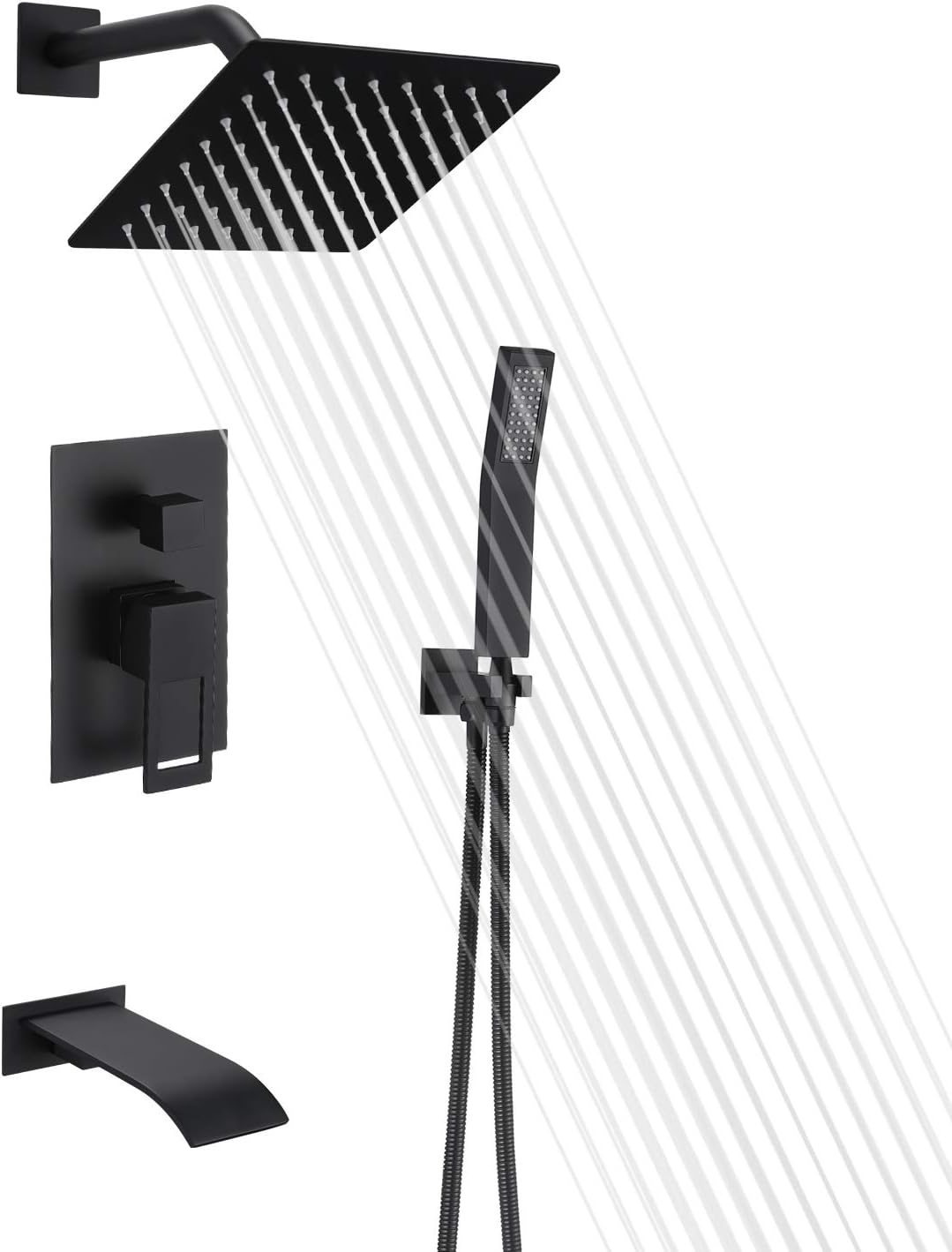 Matte Black Shower Faucet Set with Waterfall Tub Spout and Handheld Shower Head J42634