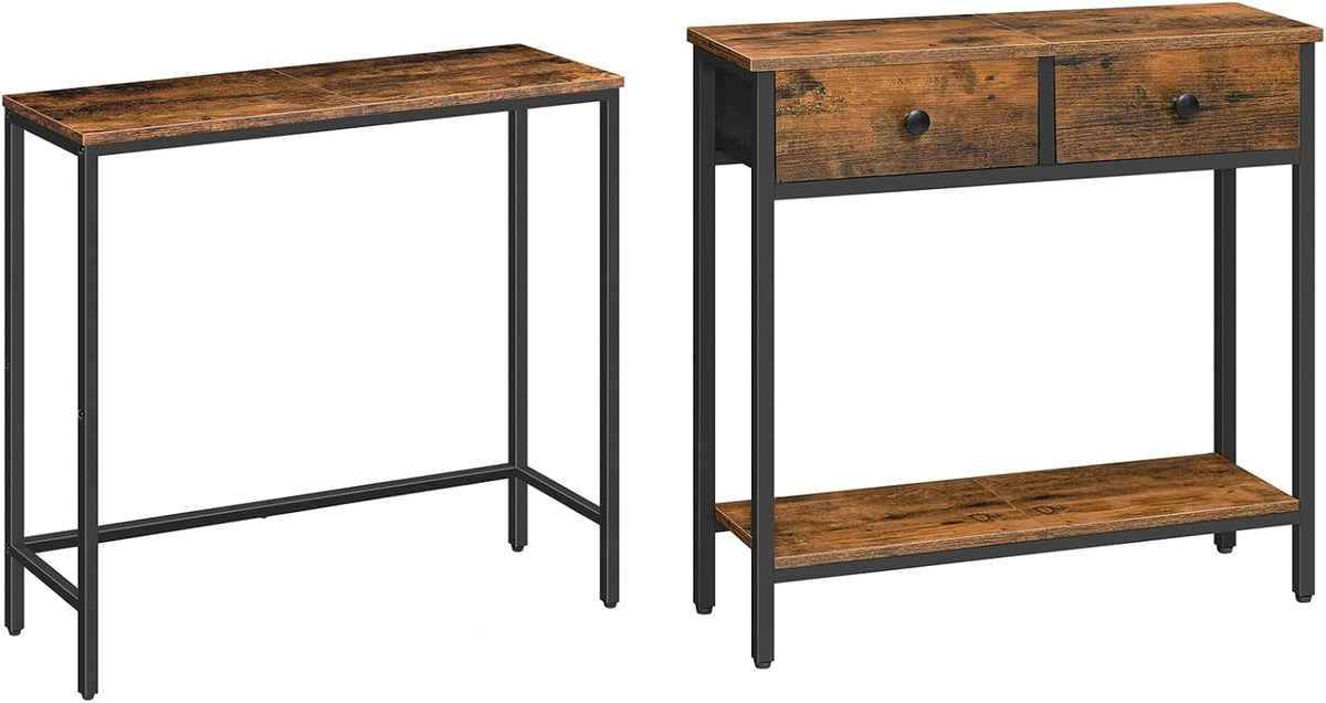 Rustic Brown and Black Narrow Console Table with 2 Fabric Drawers L25570