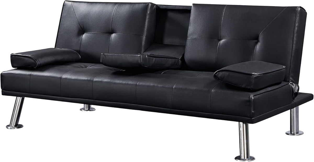 Black Faux Leather Loveseat Sofa Bed with Cup Holders X164020
