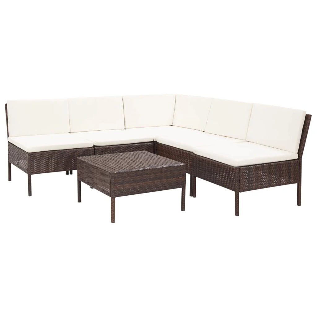 6 Piece White Cushioned Brown Poly Rattan Patio Sectional Set P87995