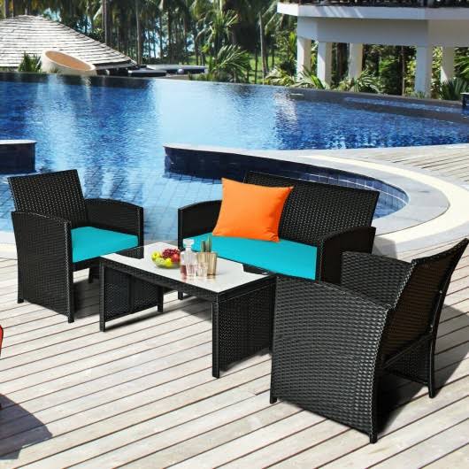 Turquoise Wicker Patio Sofa and Table Set K671886