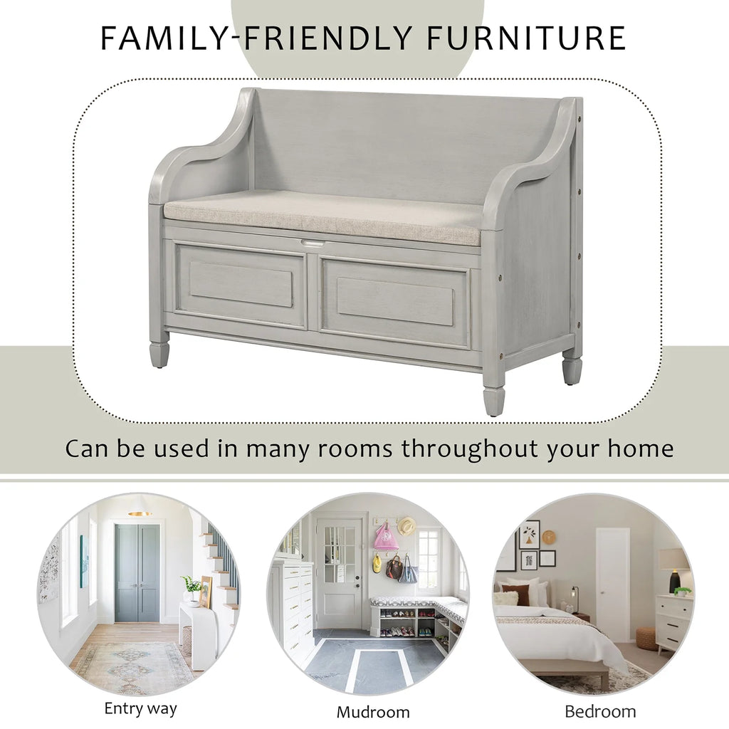 Solid Wood Storage Bench with Removable Cushion K840880