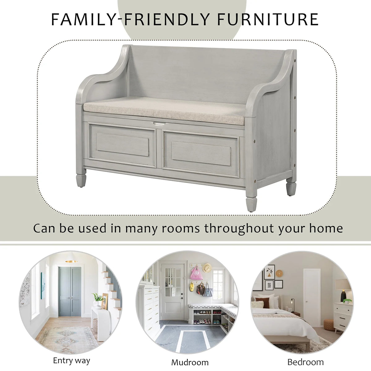 Solid Wood Storage Bench with Removable Cushion K840880