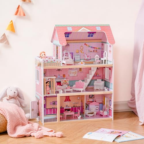 Wooden Dollhouse Playset with 24 Pcs Furniture W360550