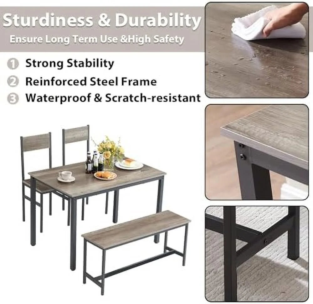 Dining Room Table Set with 2 Chairs and Bench Metal Frame Wood T6962