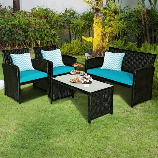 Turquoise Wicker Patio Sofa and Table Set K671886