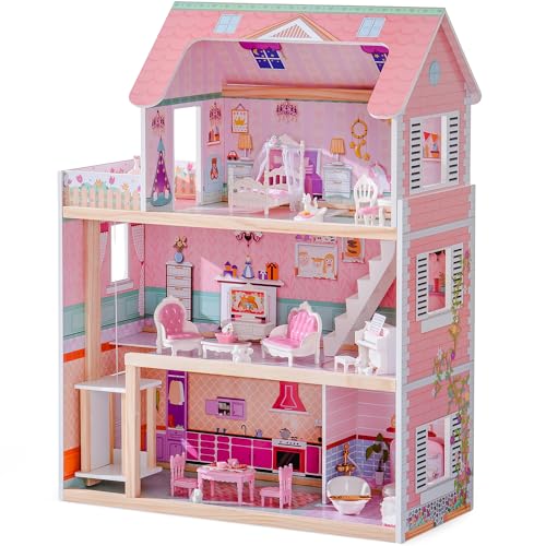 Wooden Dollhouse Playset with 24 Pcs Furniture W360550