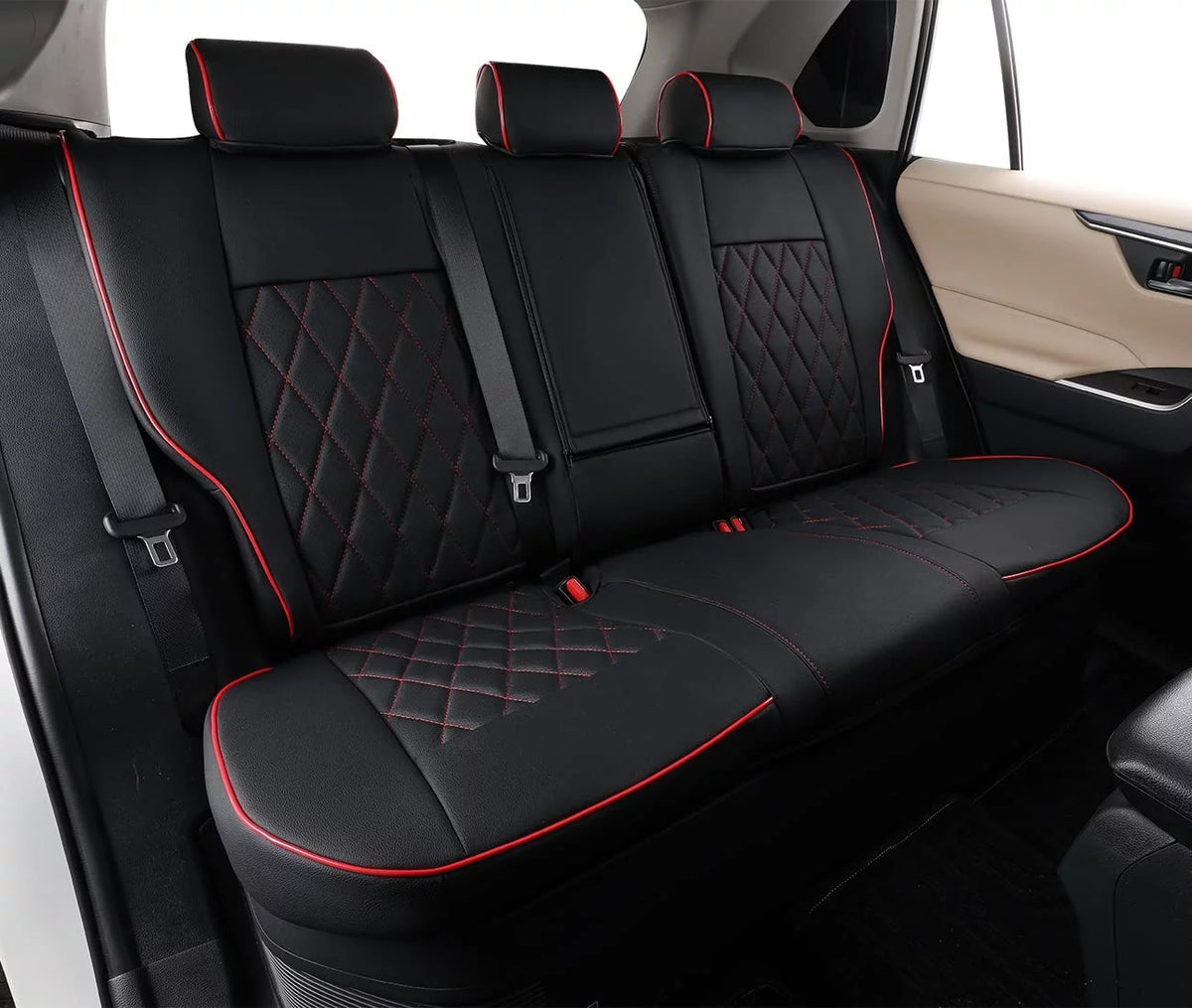 Waterproof Leather Car Seat Covers Full Set Black with Red Piping D538