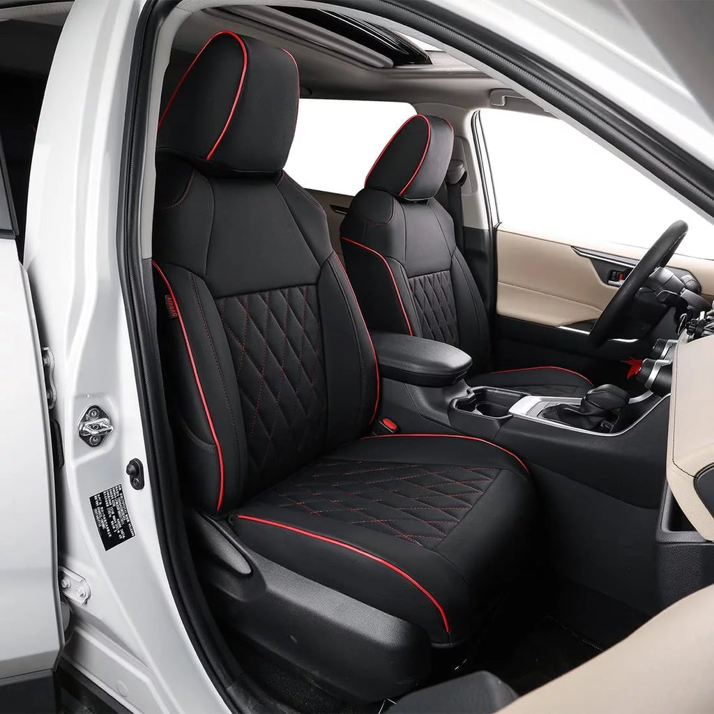 Waterproof Leather Car Seat Covers Full Set Black with Red Piping D538