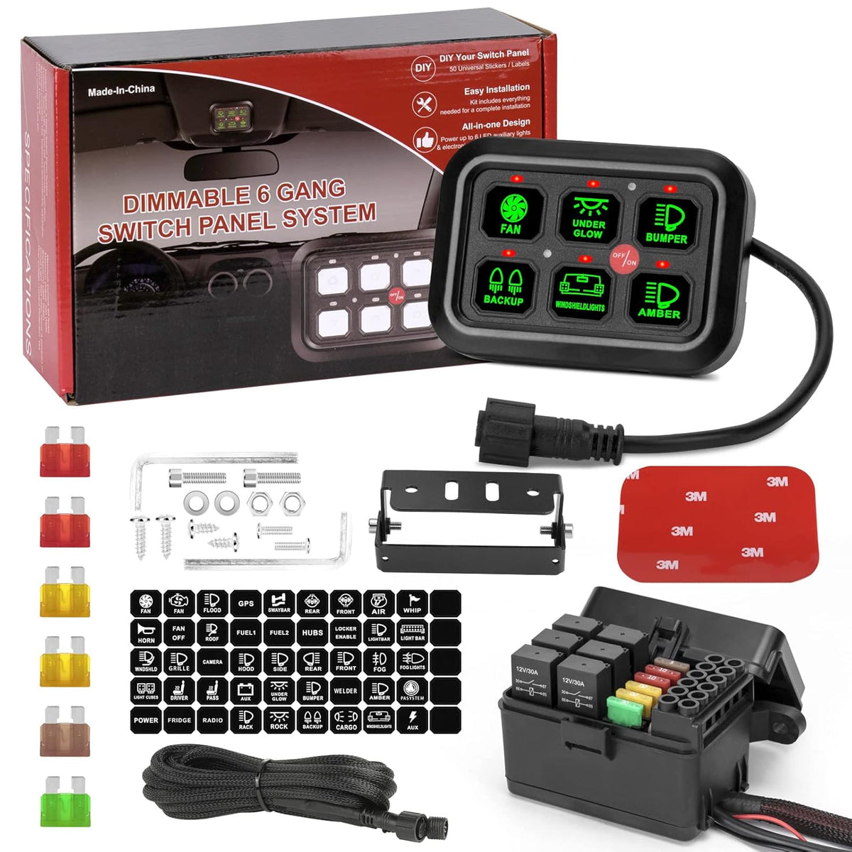 6 Gang Switch Panel 12V Circuit Control Box with Harness Label Sticker L992651