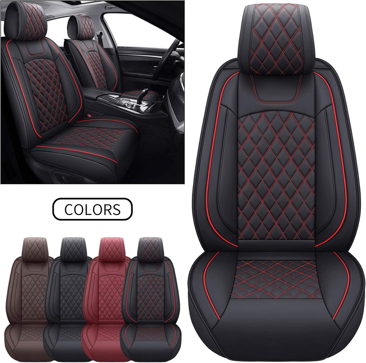 Waterproof Faux Leather Car Seat Covers Full Set Black-Red Z928463