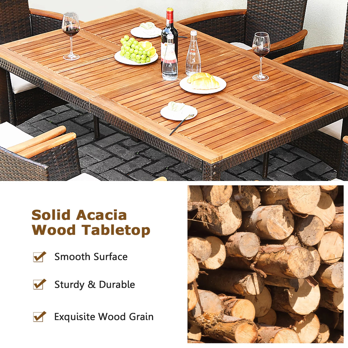 7 Pc Patio Rattan Dining Set Cushioned Chair Wooden Tabletop P412