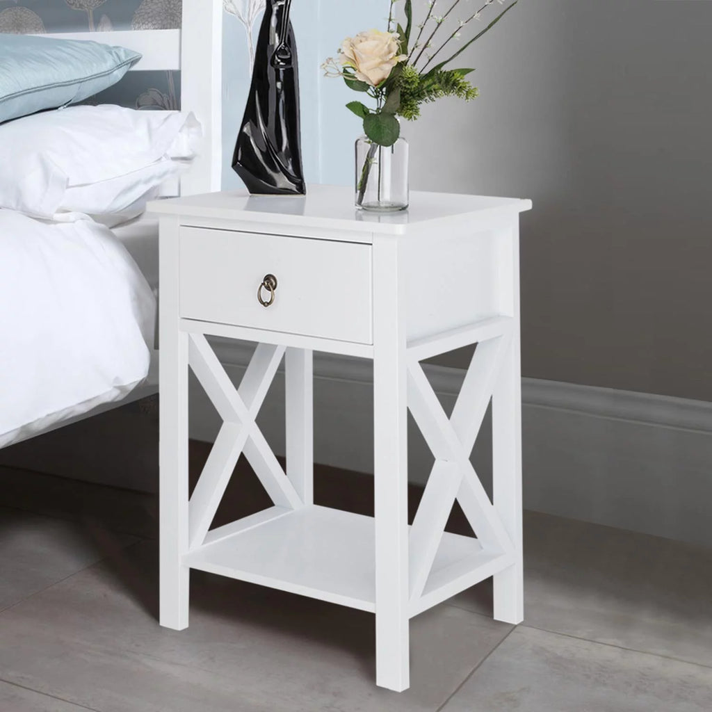 Set of 2 White Wood Nightstand with A Drawer Z847