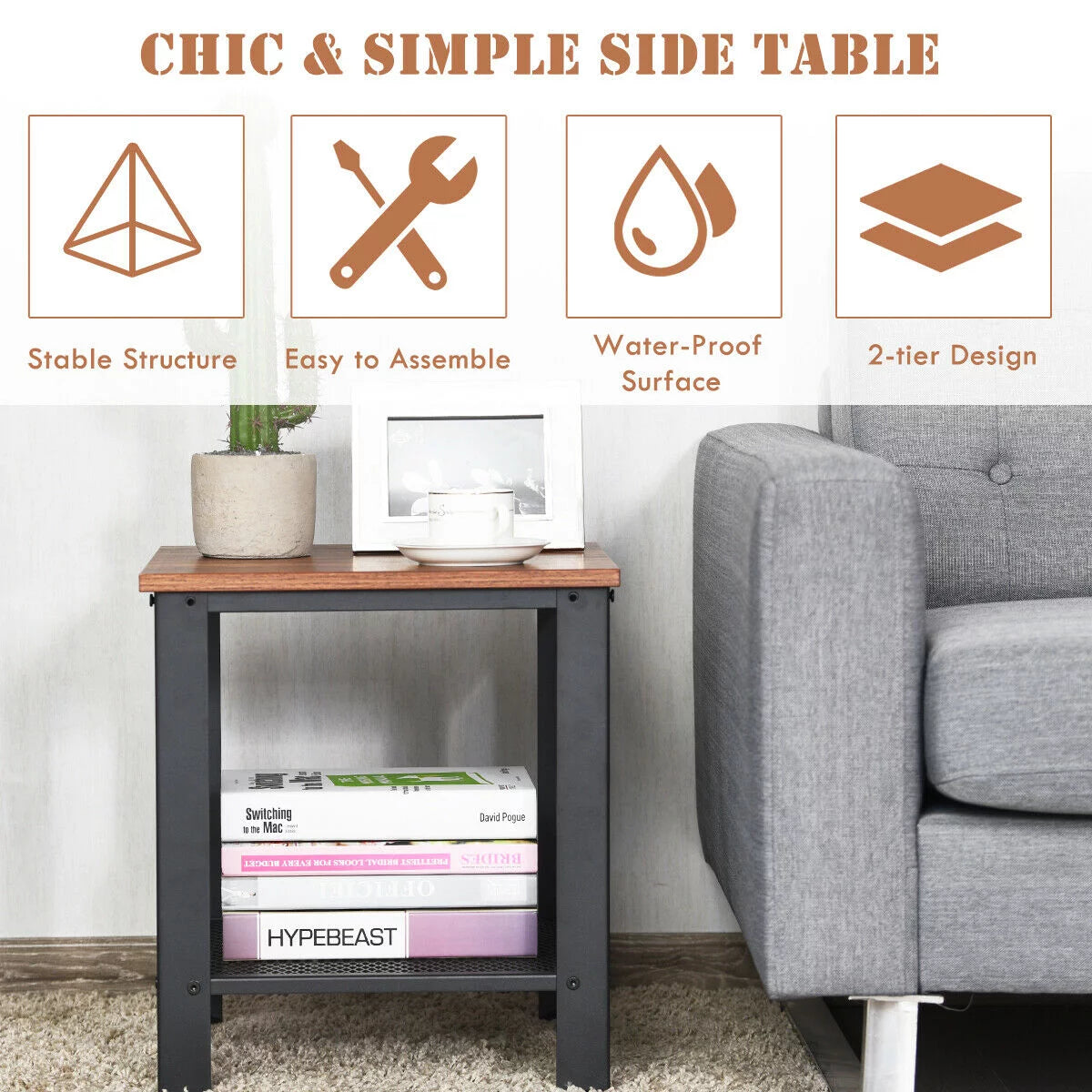 Black 2-Tier Side Table with Storage Shelf V7766