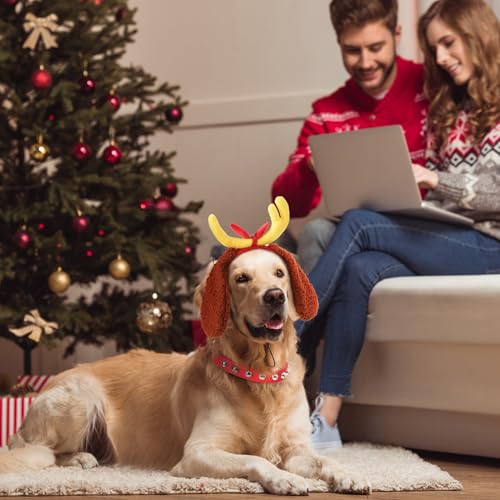 Christmas Deer Antler Dog Costume Reindeer Ears Headband Red Collar T2371