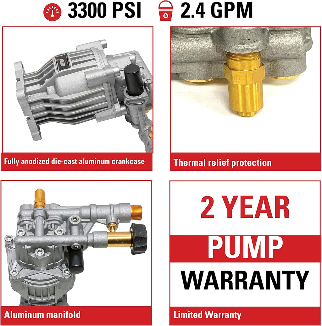 Horizontal Axial Cam Replacement Pressure Washer Pump Kit, 3300 PSI, 2.4 GPM, 3/4 Shaft, Silver R200