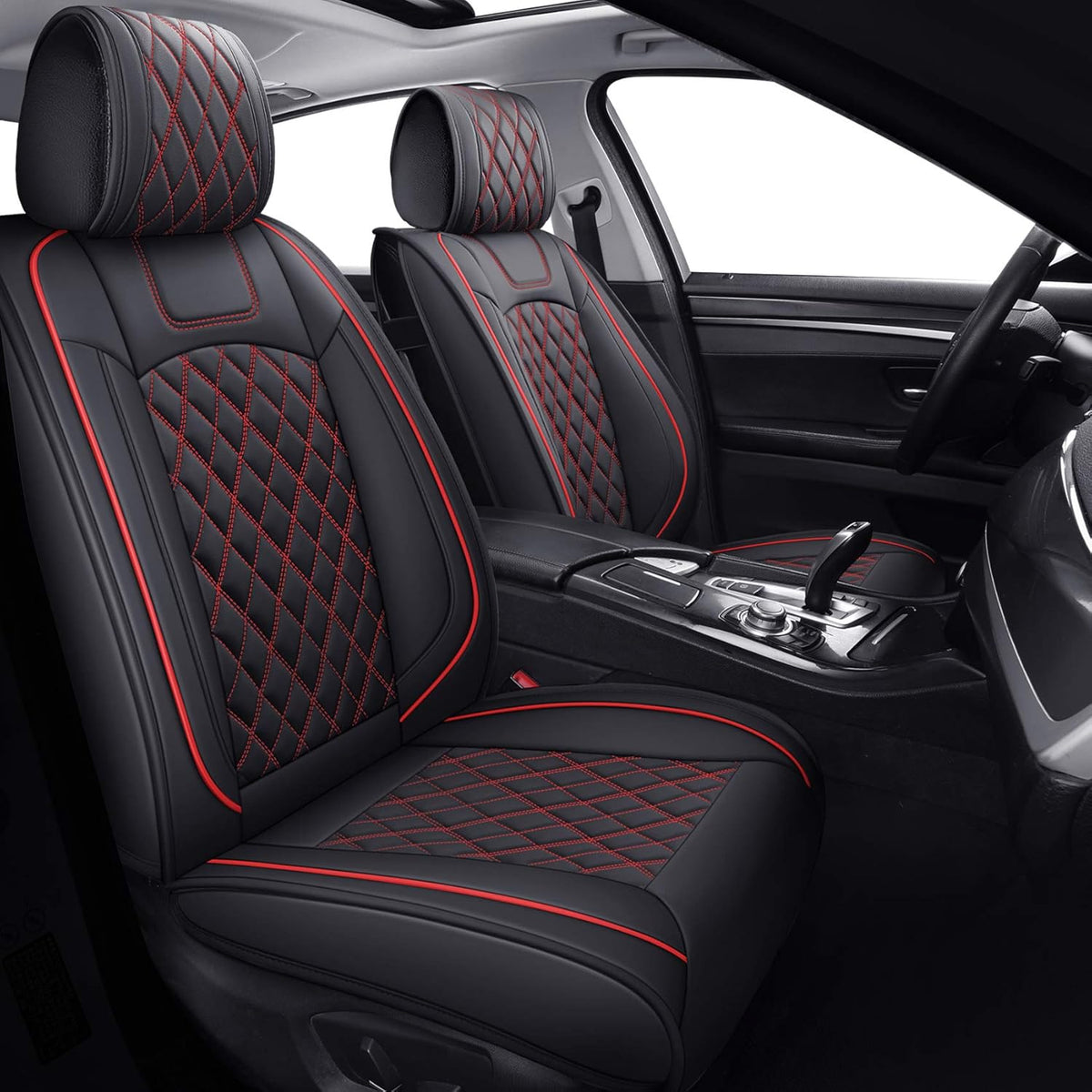 Waterproof Faux Leather Car Seat Covers Full Set Black-Red Z928463