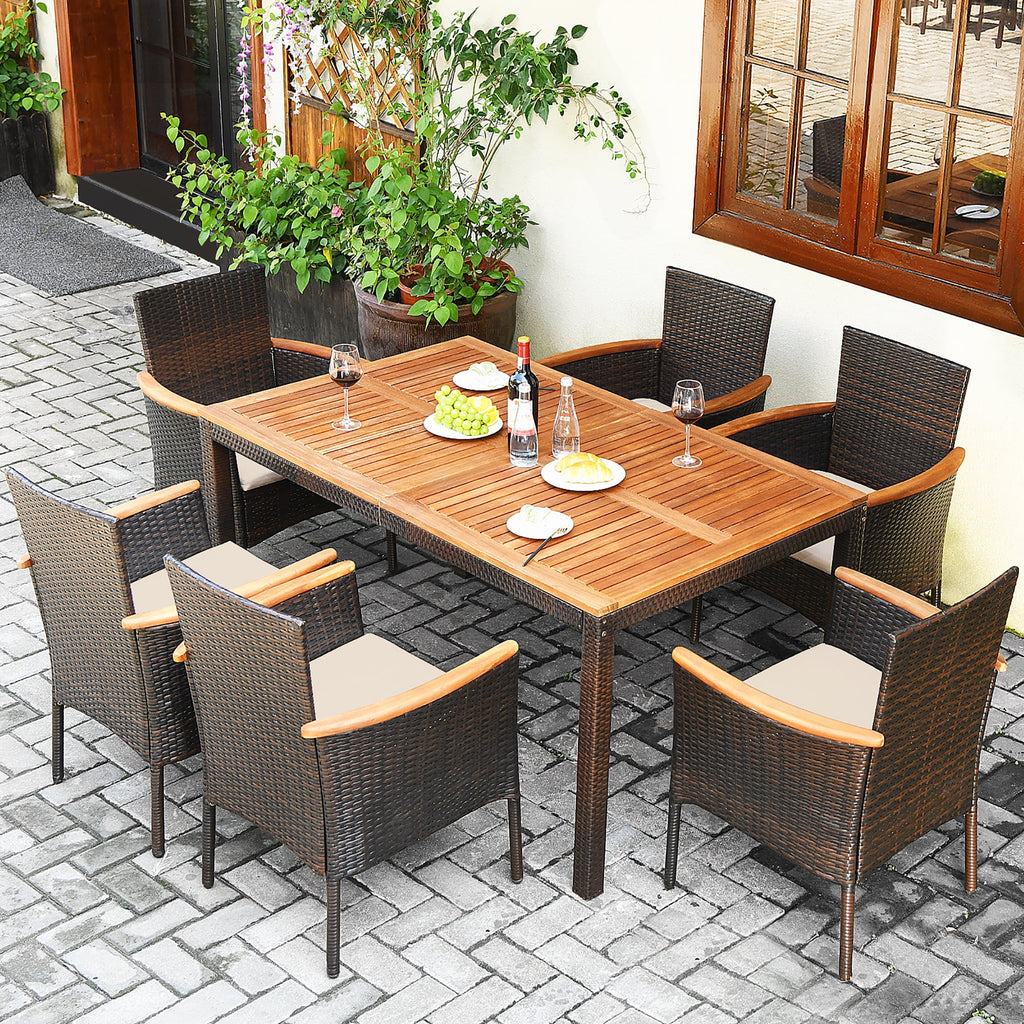 7 Pc Patio Rattan Dining Set Cushioned Chair Wooden Tabletop P412