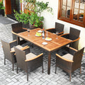 7 Pc Patio Rattan Dining Set Cushioned Chair Wooden Tabletop P412