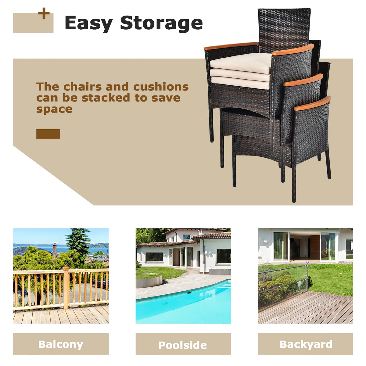 7 Pc Patio Rattan Dining Set Cushioned Chair Wooden Tabletop P412