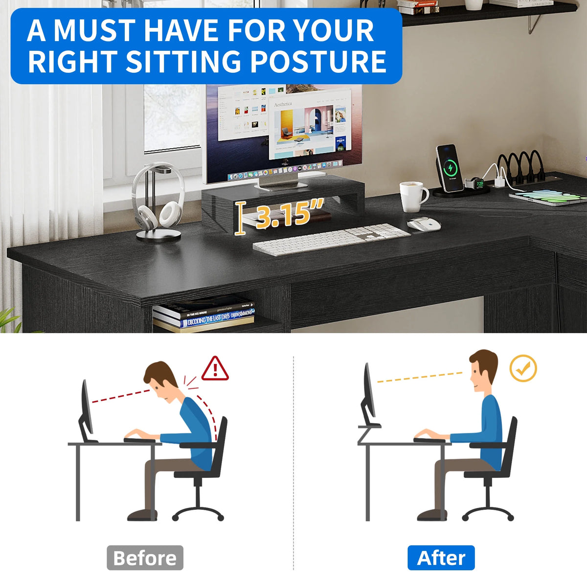 Black L-Shaped Desk with Power Outlet and File Cabinets E418012