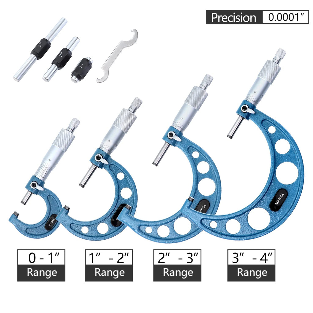 Outside Micrometer Set 0-4inch Range 0.0001" Graduation with Standards, Ratchet Stop, Carbide Heads 4Pcs J4141