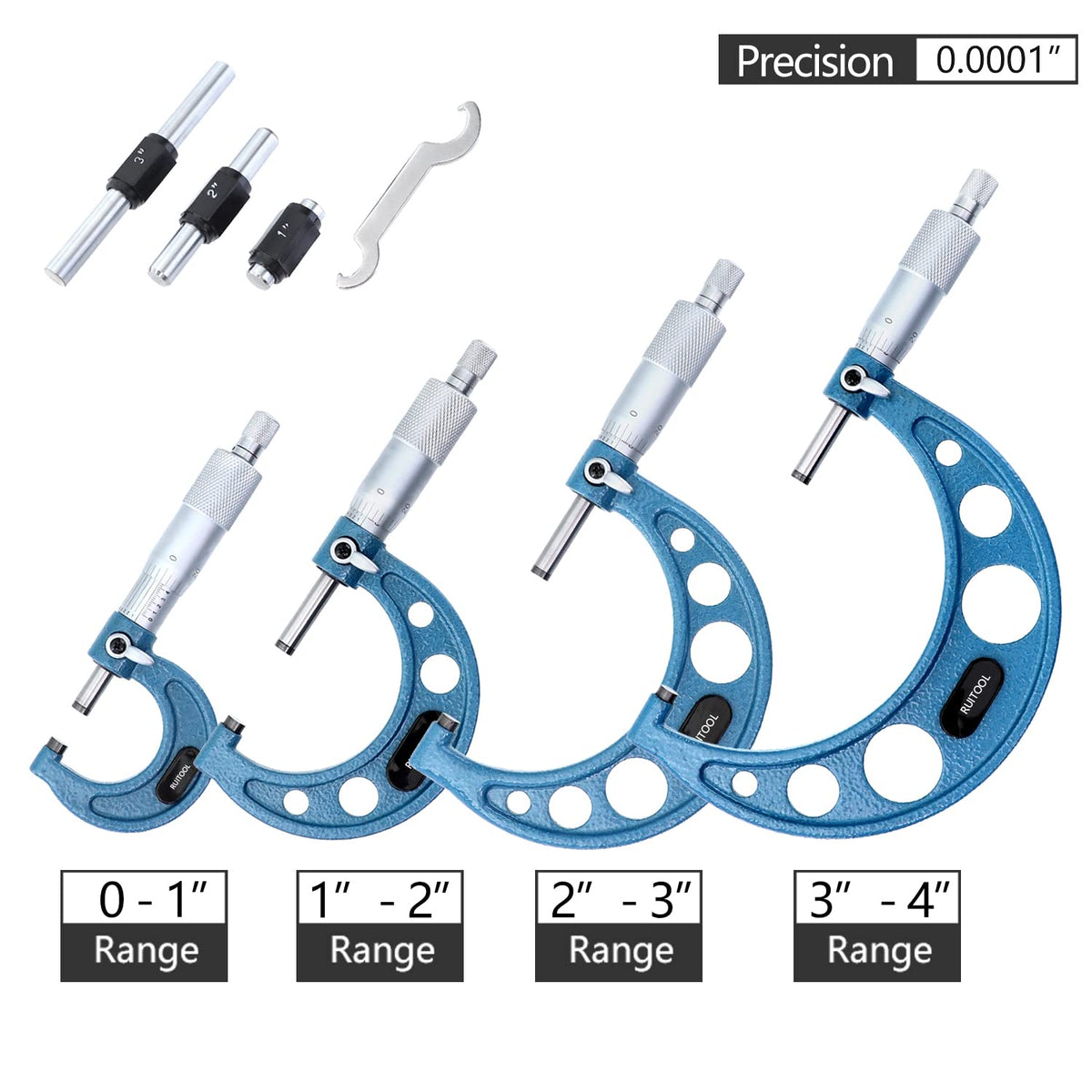 Outside Micrometer Set 0-4inch Range 0.0001" Graduation with Standards, Ratchet Stop, Carbide Heads 4Pcs J4141