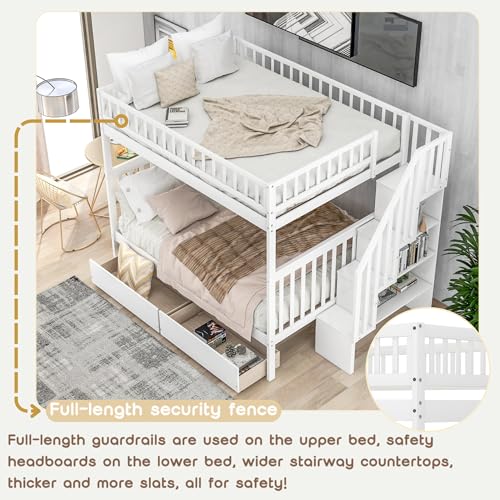 White Full Over Full Wood Bunk Bed with Trundle and Stairs F34548