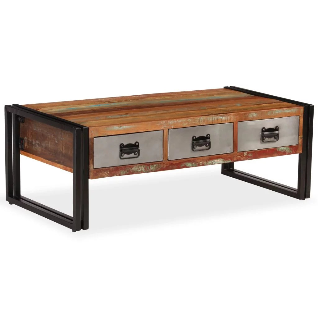 Coffee Table with 3 Storage Drawers Reclaimed Wood Steel Legs S19547