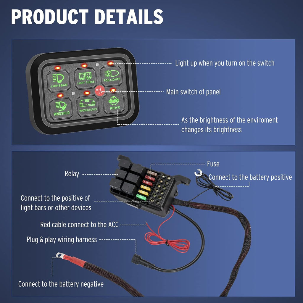 6 Gang Switch Panel 12V Circuit Control Box with Harness Label Sticker L992651