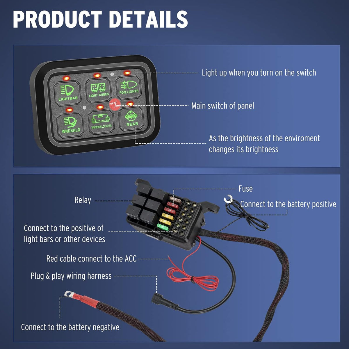 6 Gang Switch Panel 12V Circuit Control Box with Harness Label Sticker L992651