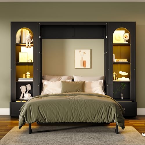 Queen Size Murphy Bed with Sofa, Shelves, USB & Light, Wall Bed and Tall Cabinet with Glass Doors & Wine Rack, White D2996
