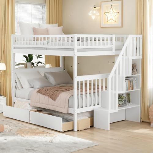 White Full Over Full Wood Bunk Bed with Trundle and Stairs F34548