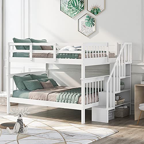 White Full Over Full Wood Bunk Bed with Trundle and Stairs F34548