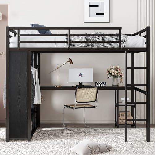 Queen Size Black Metal Loft Bed with Wardrobe and Desk N524