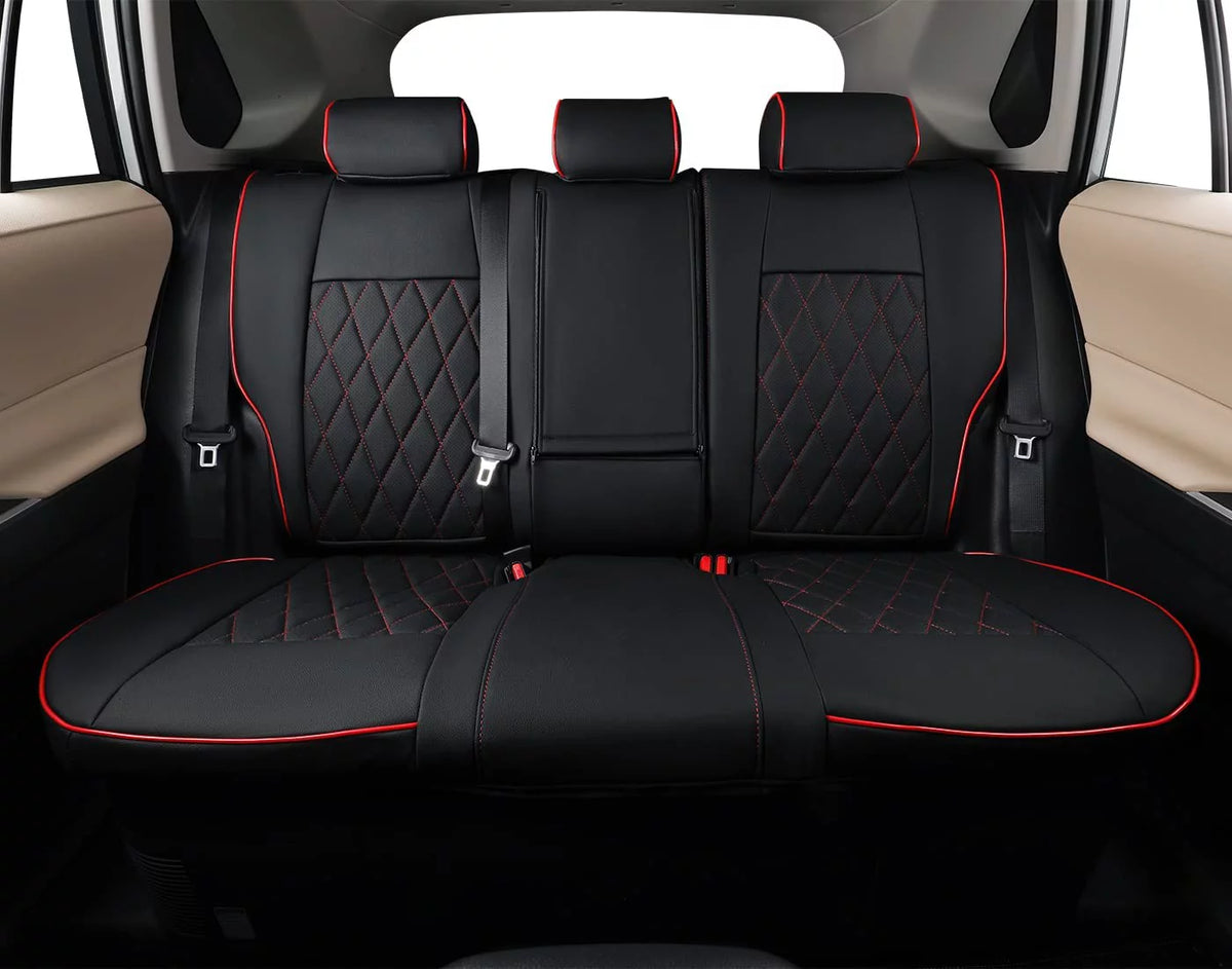 Waterproof Leather Car Seat Covers Full Set Black with Red Piping D538