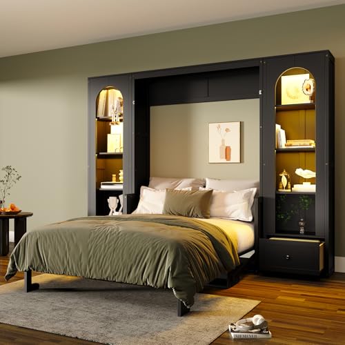 Queen Size Murphy Bed with Sofa, Shelves, USB & Light, Wall Bed and Tall Cabinet with Glass Doors & Wine Rack, White D2996