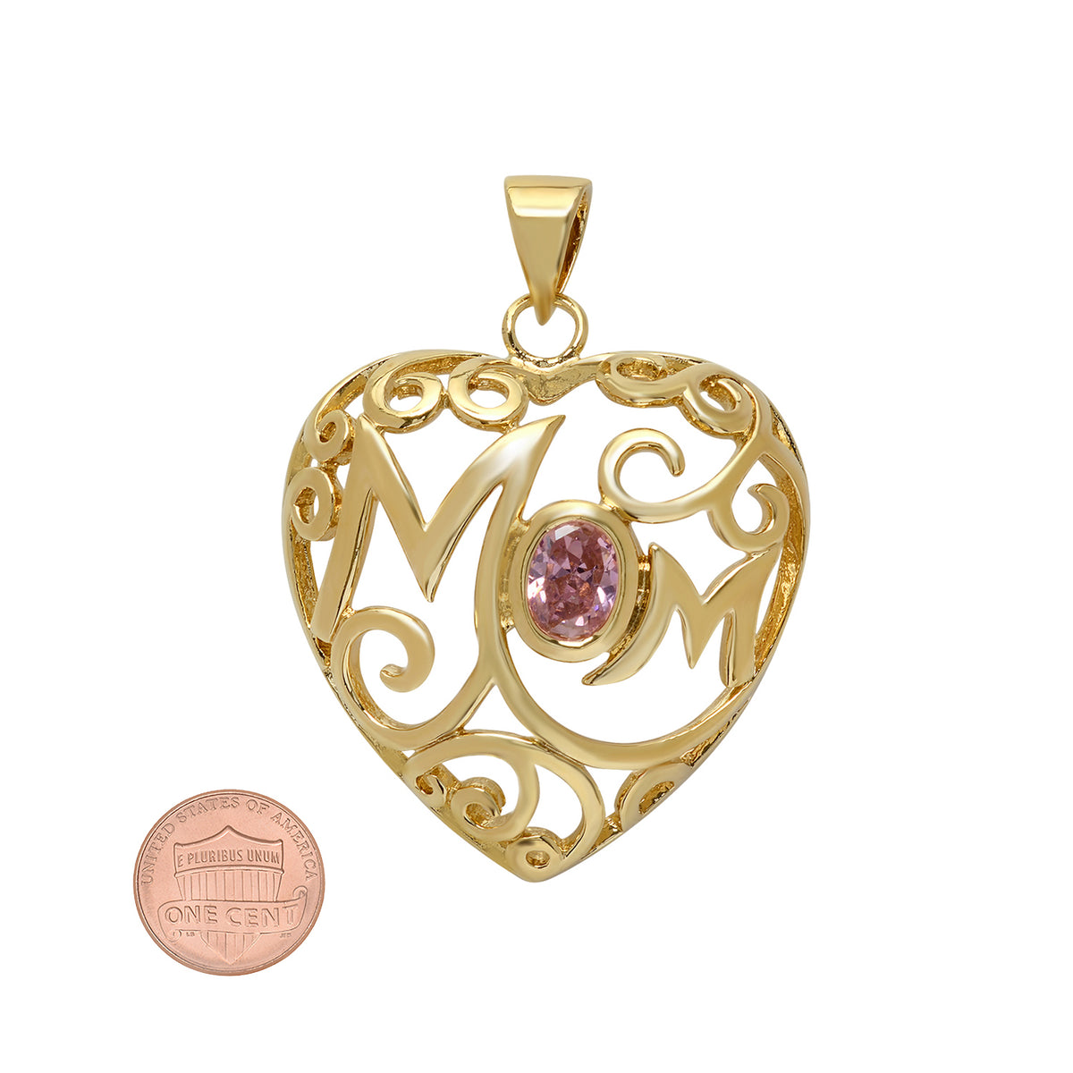Gold Plated Open Scrolled Heart Pendant with Pink Oval CZ K356