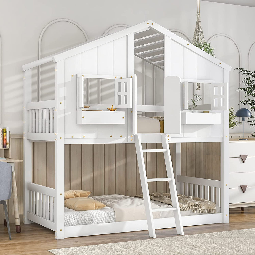 White Wood Frame Kids Bed with Roof and Safety Guardrails Q675