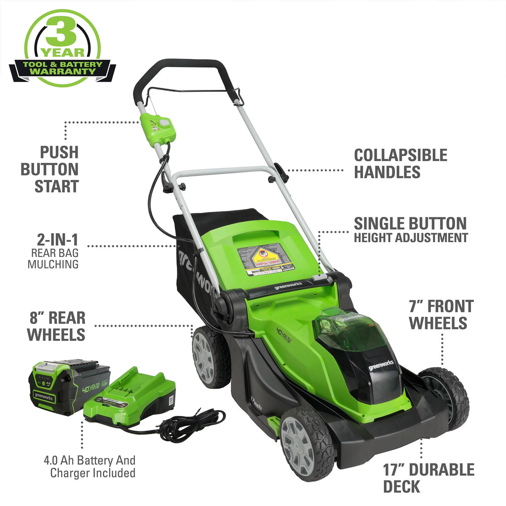 40V 17 Cordless Walk-Behind Push Lawn Mower with 4.0 Ah Battery and Charger A29775