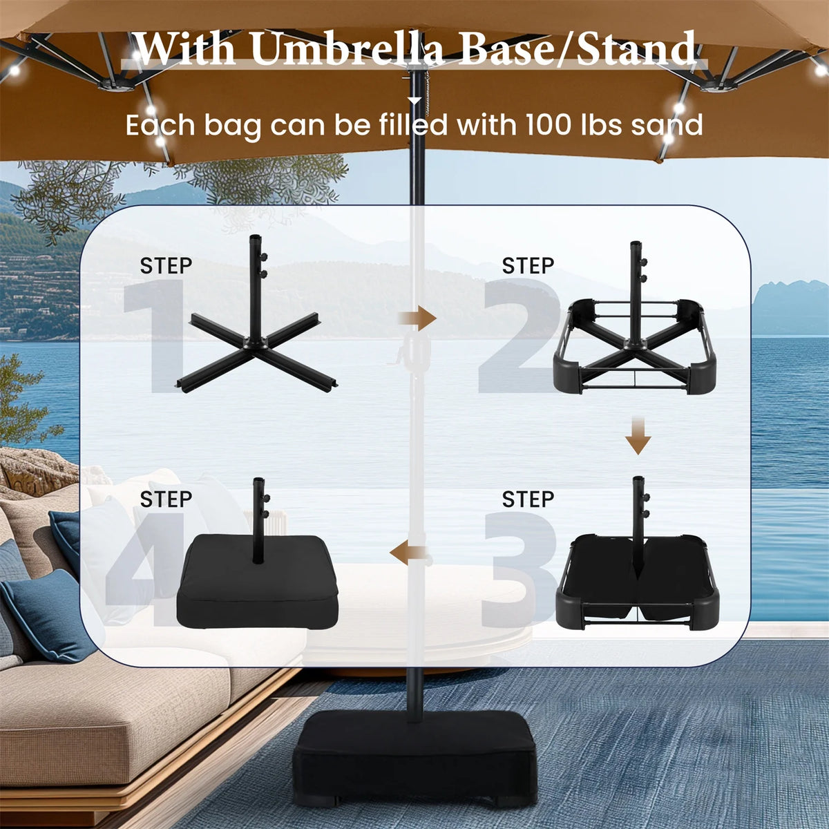 15 FT Double-Sided Solar Patio Umbrella with Base D157099