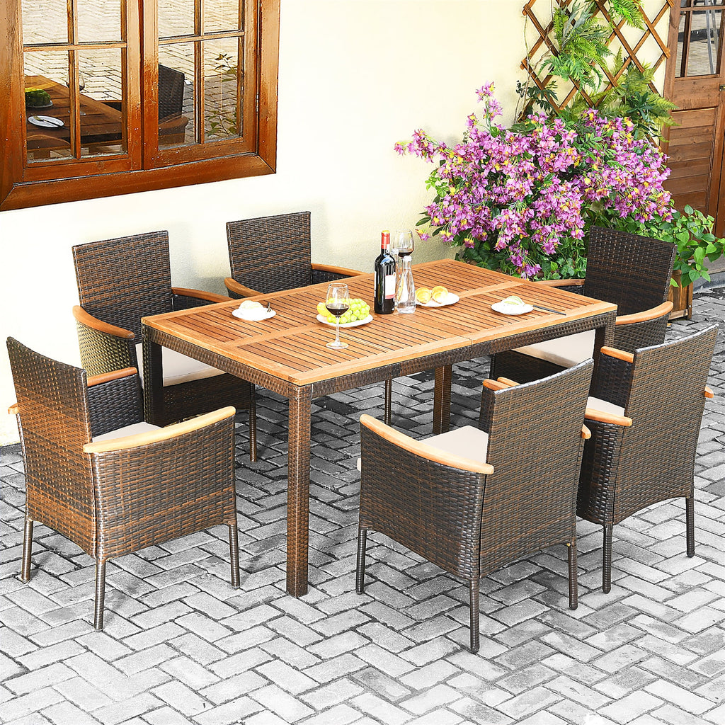 7 Pc Patio Rattan Dining Set Cushioned Chair Wooden Tabletop P412