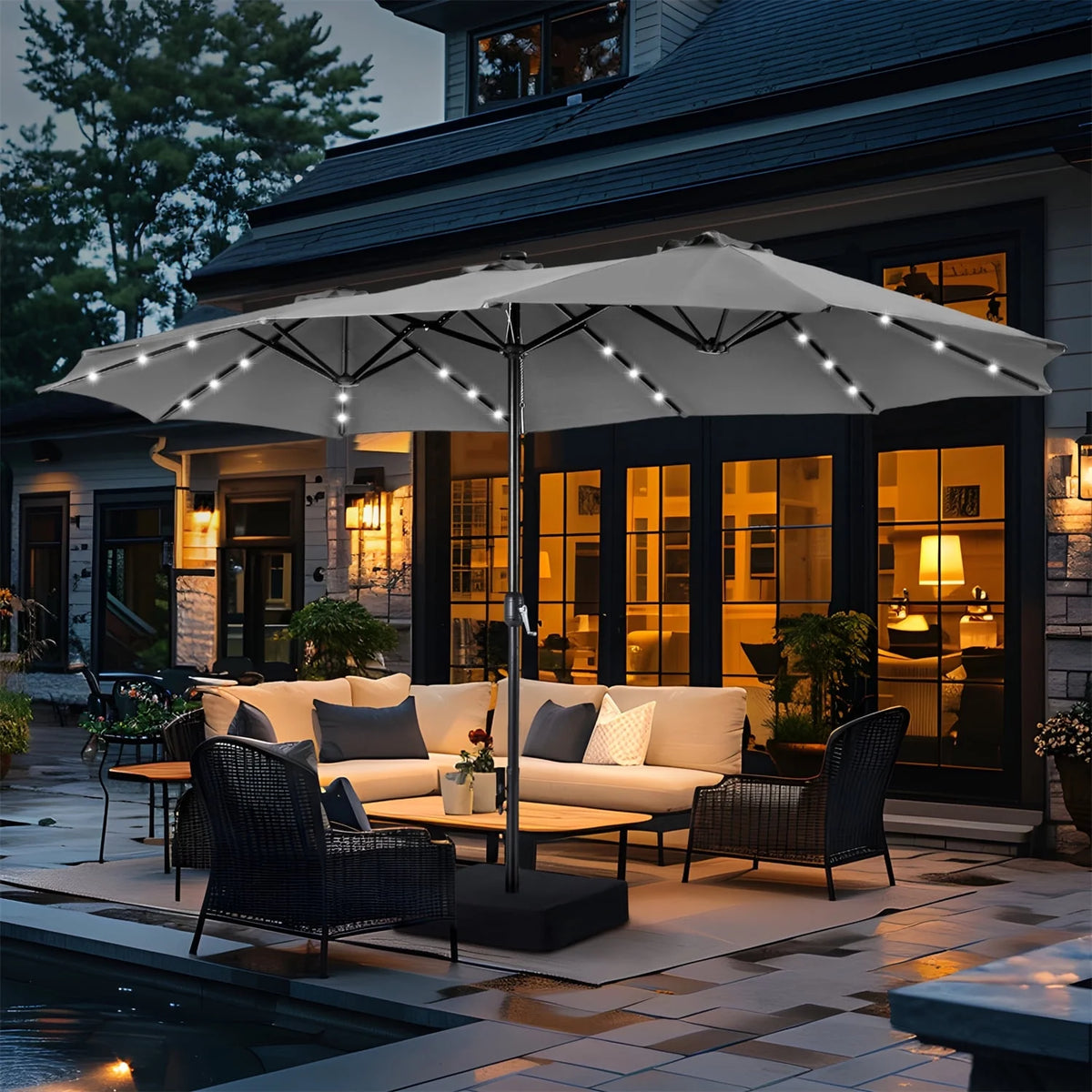 15 FT Double-Sided Solar Patio Umbrella with Base D157099