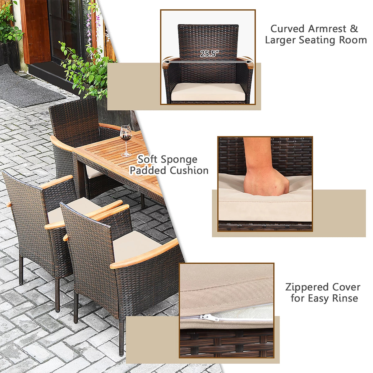 7 Pc Patio Rattan Dining Set Cushioned Chair Wooden Tabletop P412