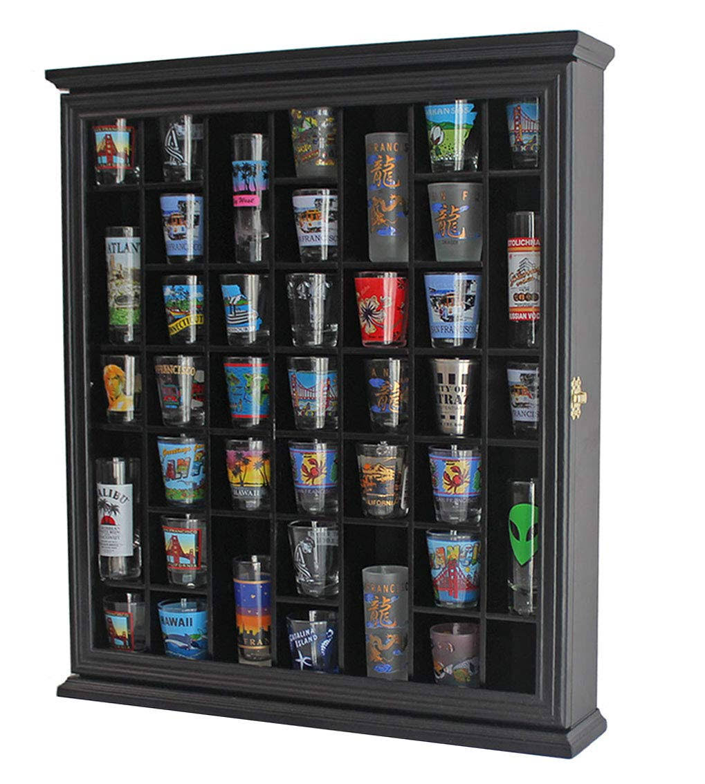 Shot Glass Display Case Cabinet Wall Rack with Glass Door Black Finish C86481