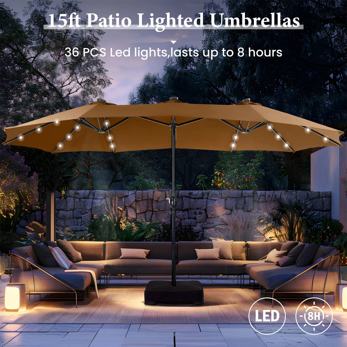 15 FT Double-Sided Solar Patio Umbrella with Base D157099