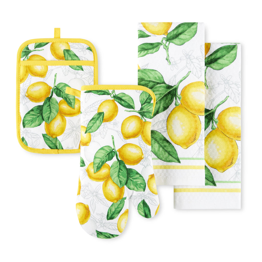 White Yellow Kitchen Towel Oven Mitt Potholder Set 4-Pack M932