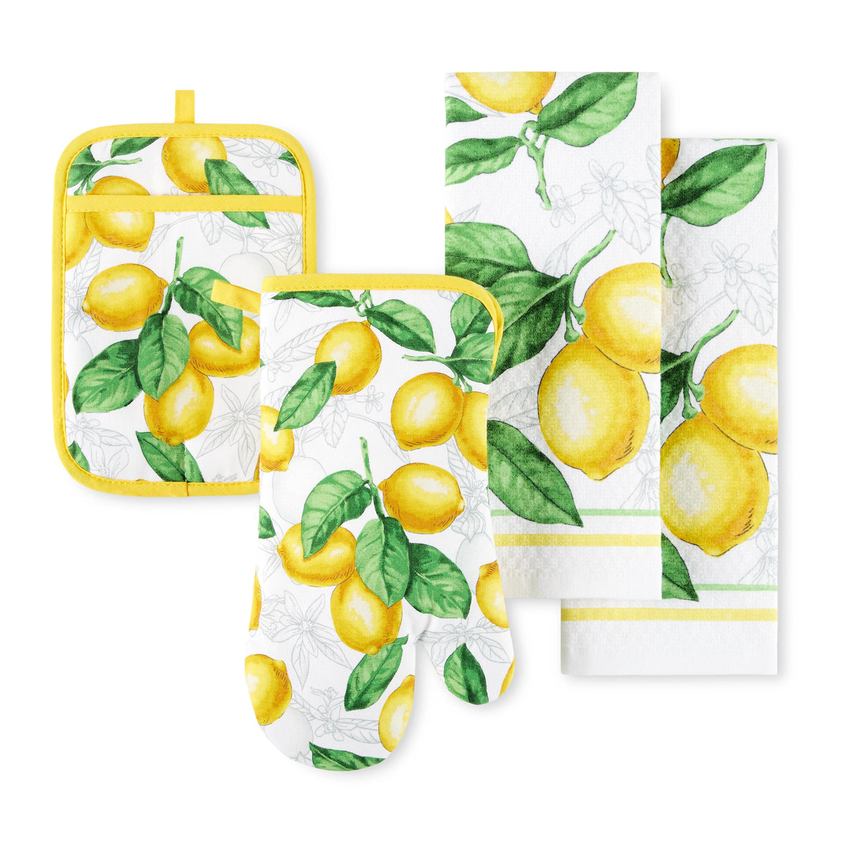 White Yellow Kitchen Towel Oven Mitt Potholder Set 4-Pack M932