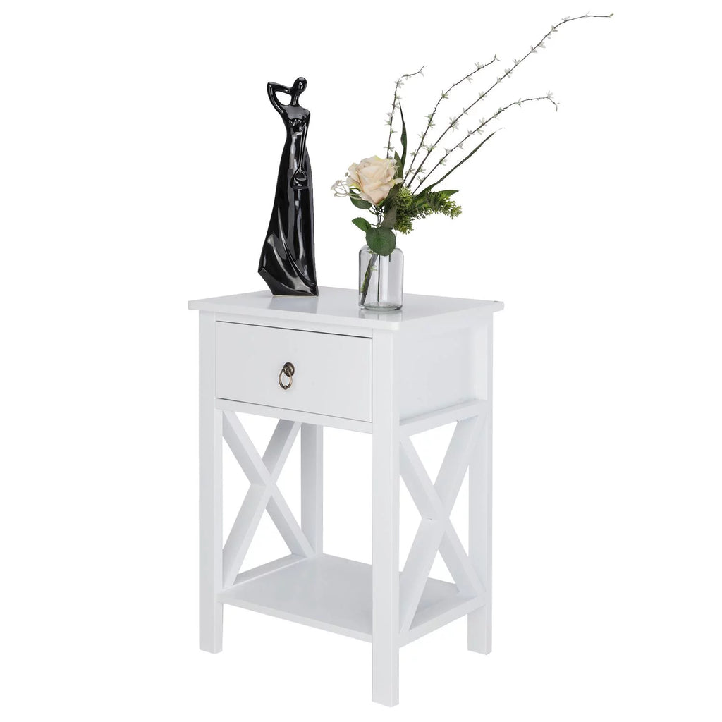 Set of 2 White Wood Nightstand with A Drawer Z847